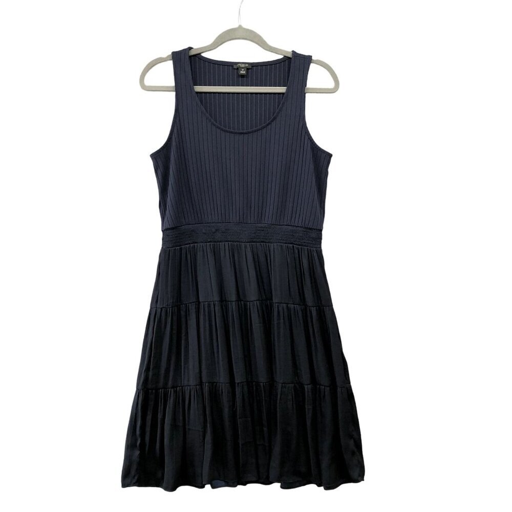Ann Taylor Sleeveless Dress Womens MP Navy Blue Tiered Satin Bodice Pullover